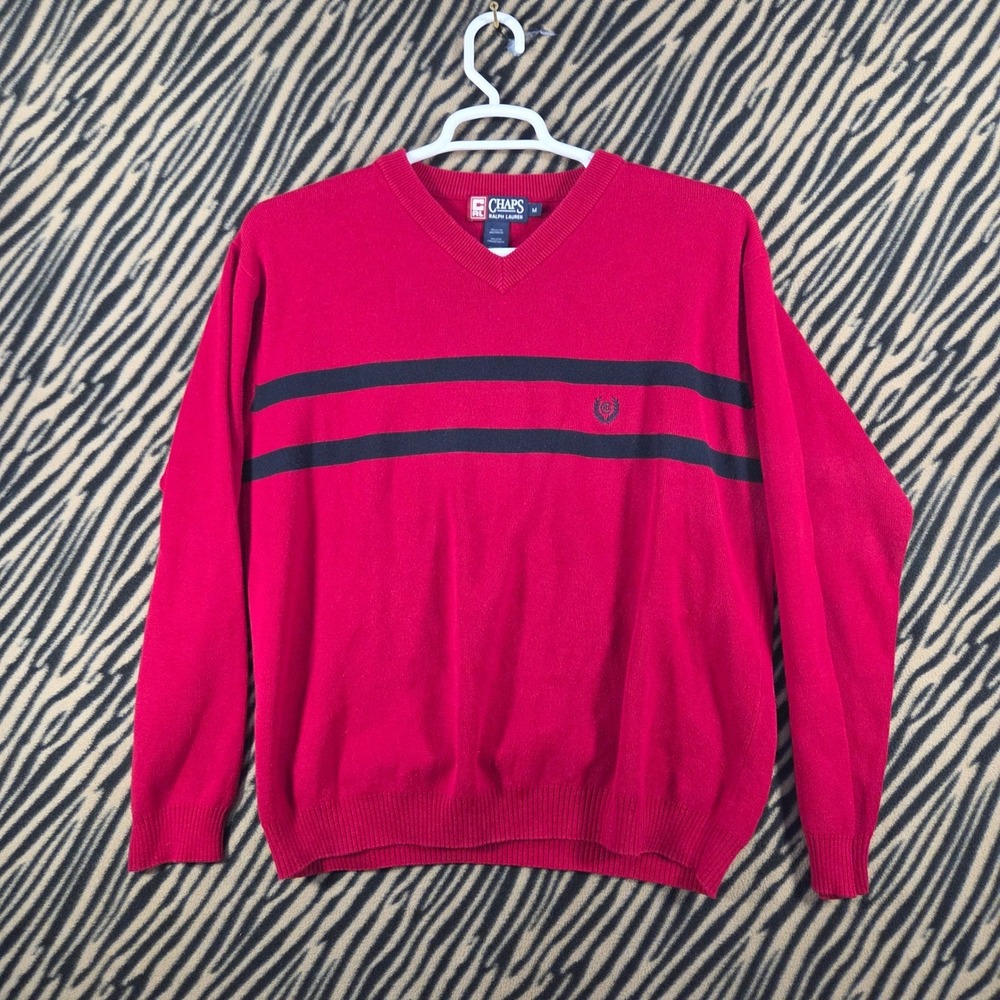 Vintage 90s Chaps Ralph Lauren Red Striped V-Neck 100% Cotton Sweater Mens M